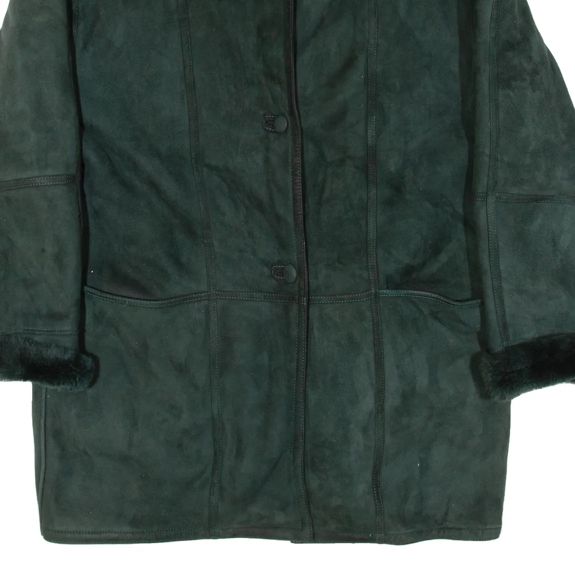 C&A Shearling Womens Overcoat Coat Green Leather XL