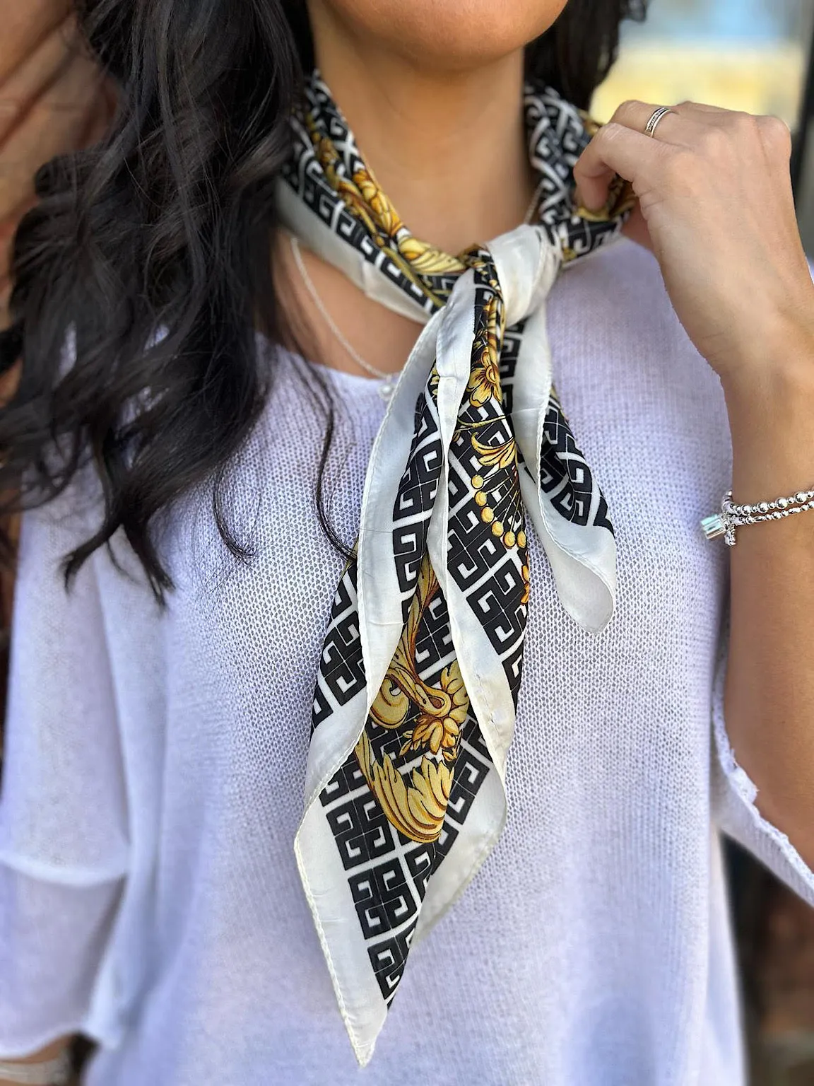 White Vintage Floral Silk Blend Scarf