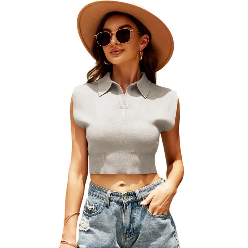 YESFASHION Women Knitted Vest Shirt Summer Lapel Tank Tops