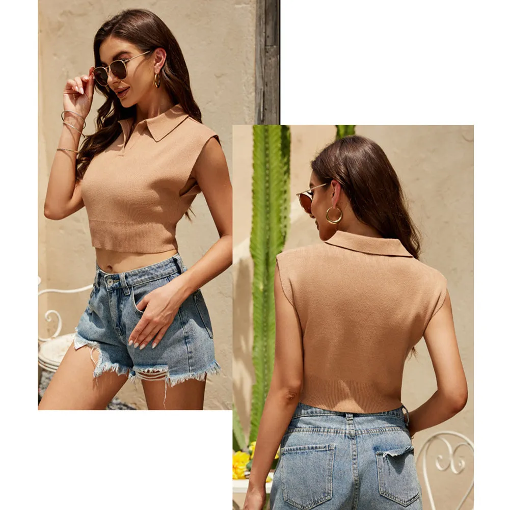 YESFASHION Women Knitted Vest Shirt Summer Lapel Tank Tops