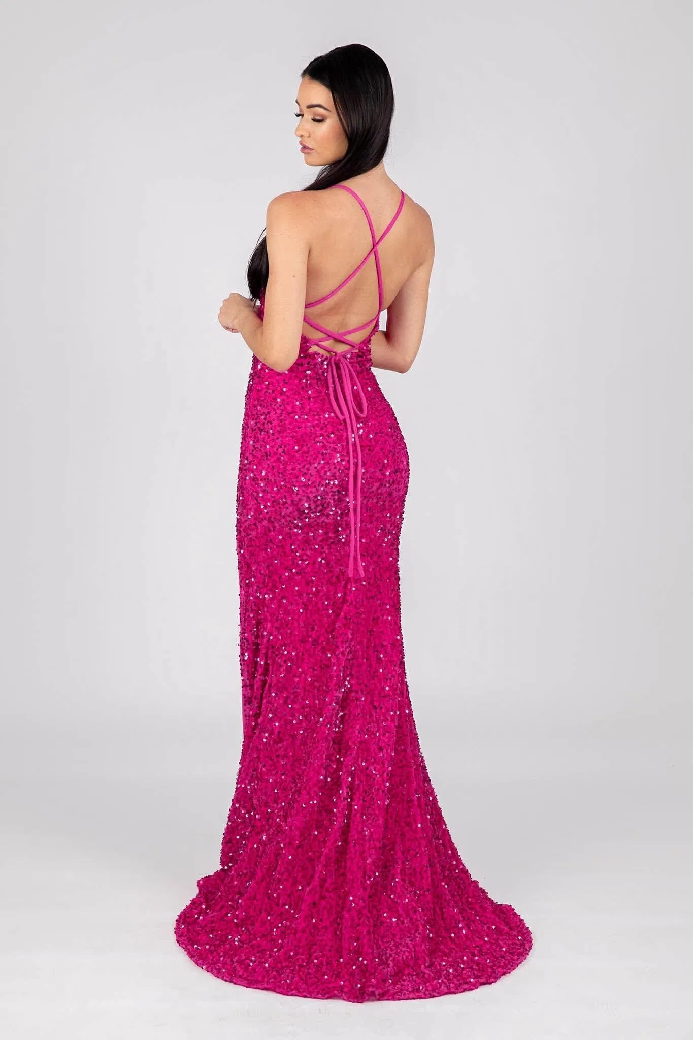 Zelda Side Slit Velvet Sequin Gown - Fuchsia